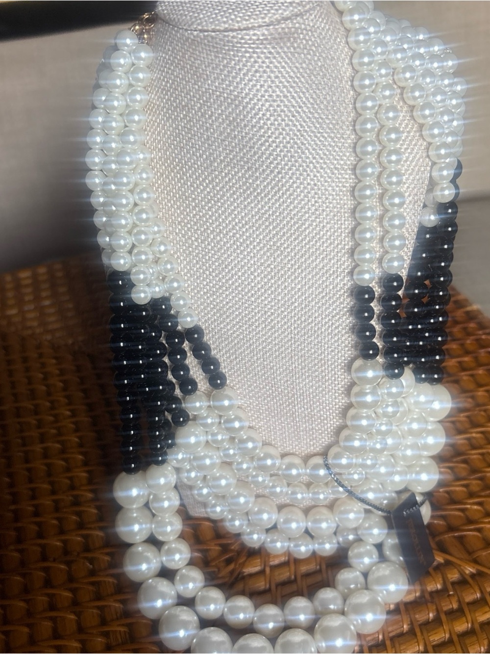NWT JEROLLIN Black & White Multi Strand Faux Pearl Statement Bib Necklace